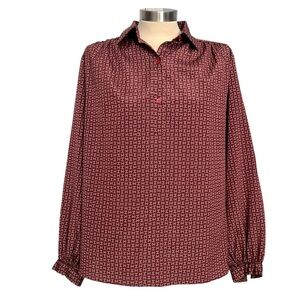 Vintage 80’s Halston III Maroon / Burgundy H Print Polyester Popover Blouse